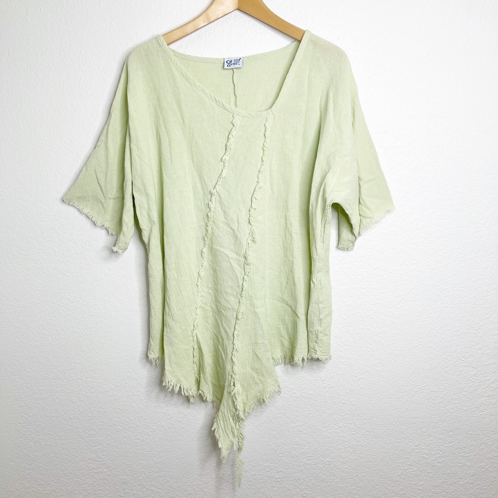 Oh My Gauze Womens Green Cotton Gauze Asymmetrical Raw Hem Boho Top Lagenlook